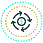 Economía circular representada por flechas de ciclo y un símbolo monetario.