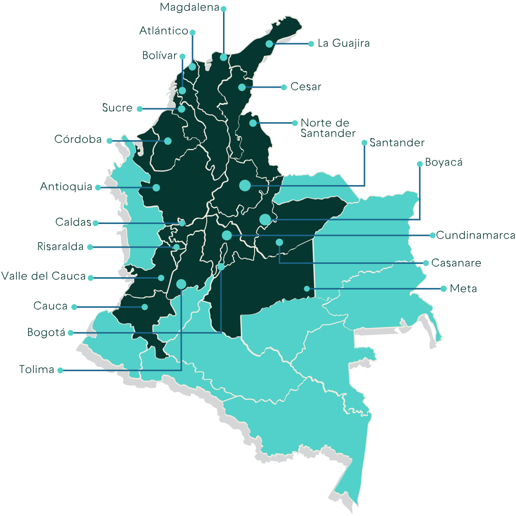 Mapa de Colombia con departamentos señalados y Bogotá identificada.